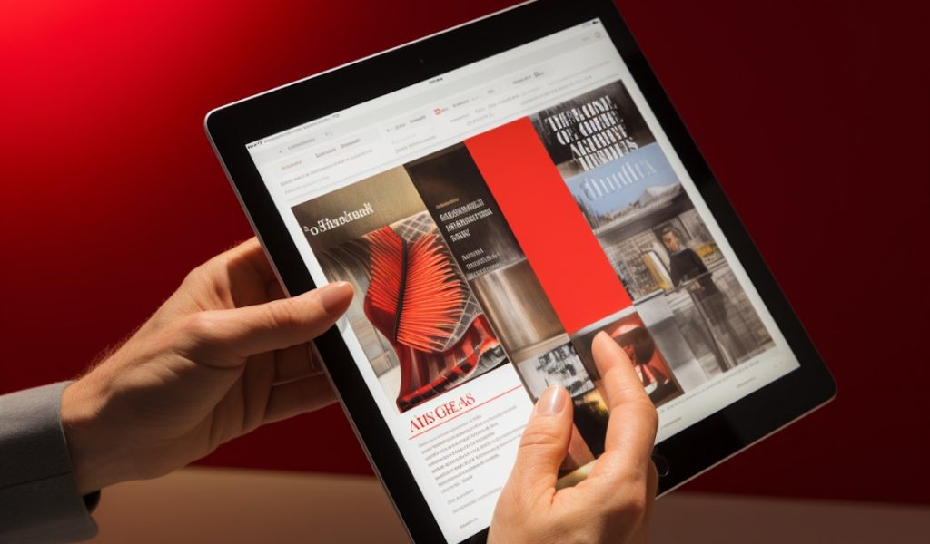 Casual Tablet Reader Engaging Digital Magazine with Vivid Red Design